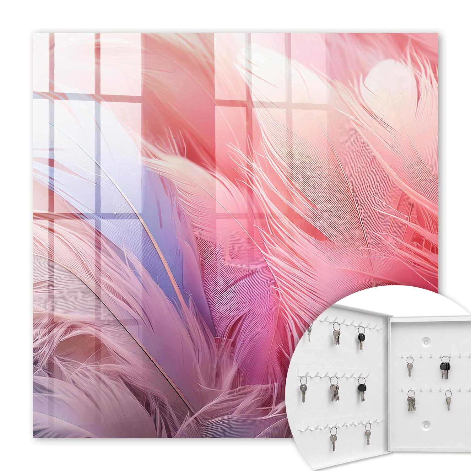 Armoire À Clés - (30 Cm X 30 Cm) - Boîte À Clés Murale - Coffret De Rangement Pour Clés - Couleur Blanche - Ouverture Vers La Gauche - Pour Maison Et Bureau - De Magnifiques Plumes Roses