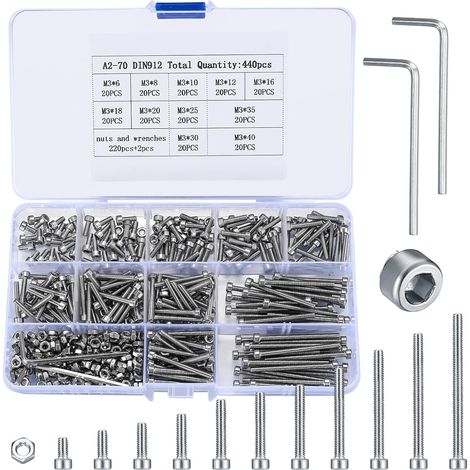 440 Vis Métriques M3 Avec Écrous, Kits D'Assortiment De Vis Et Écrous À Tête Hexagonale Creuse, Vis Et Boulons De Rechange En Acier Inoxydable Pour Fixations De Machines