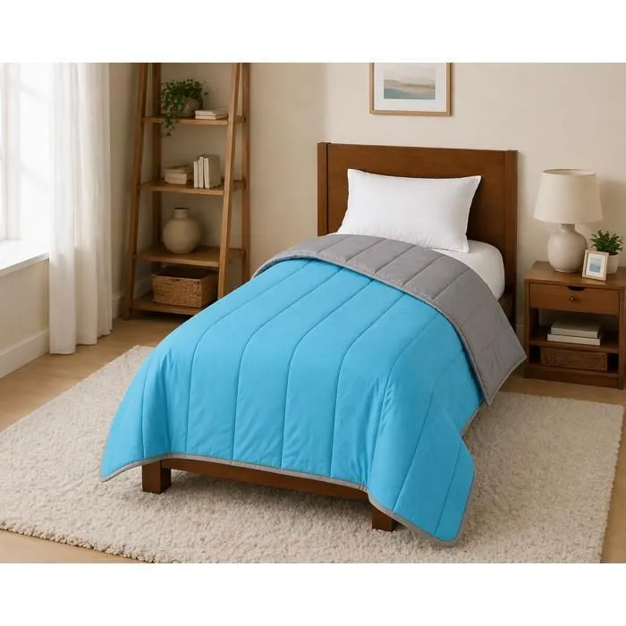 Couette Ultra Légère Bleu Turquoise / Gris Clair - 1 Personne 140 X 200 - Mortreux