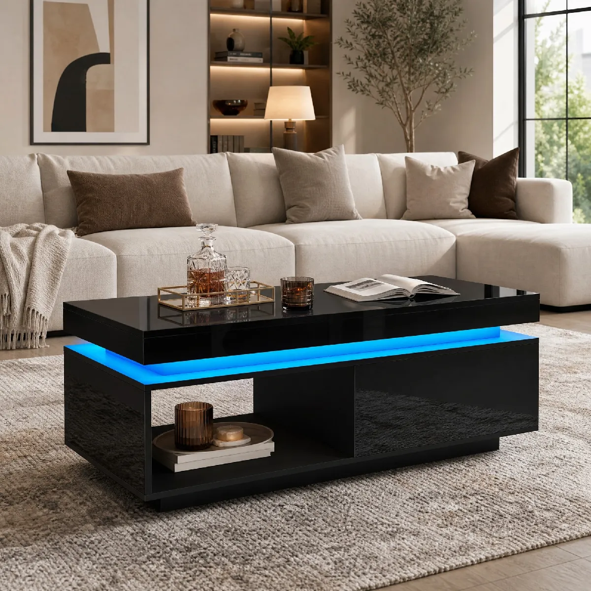 Table Basse Noir avec Éclairage LED et Tiroir, Haut-Gloss Plateau et Panneaux, 100 x 50 x 40,3 cm - Noir