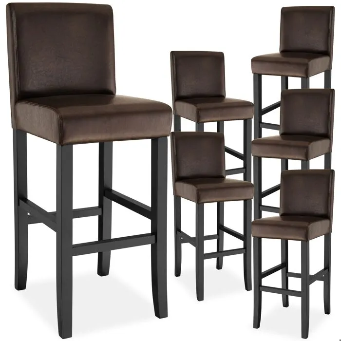 Lot De 6 Tabourets De Bar Bois Simili Cuir Avec Dossier Marron