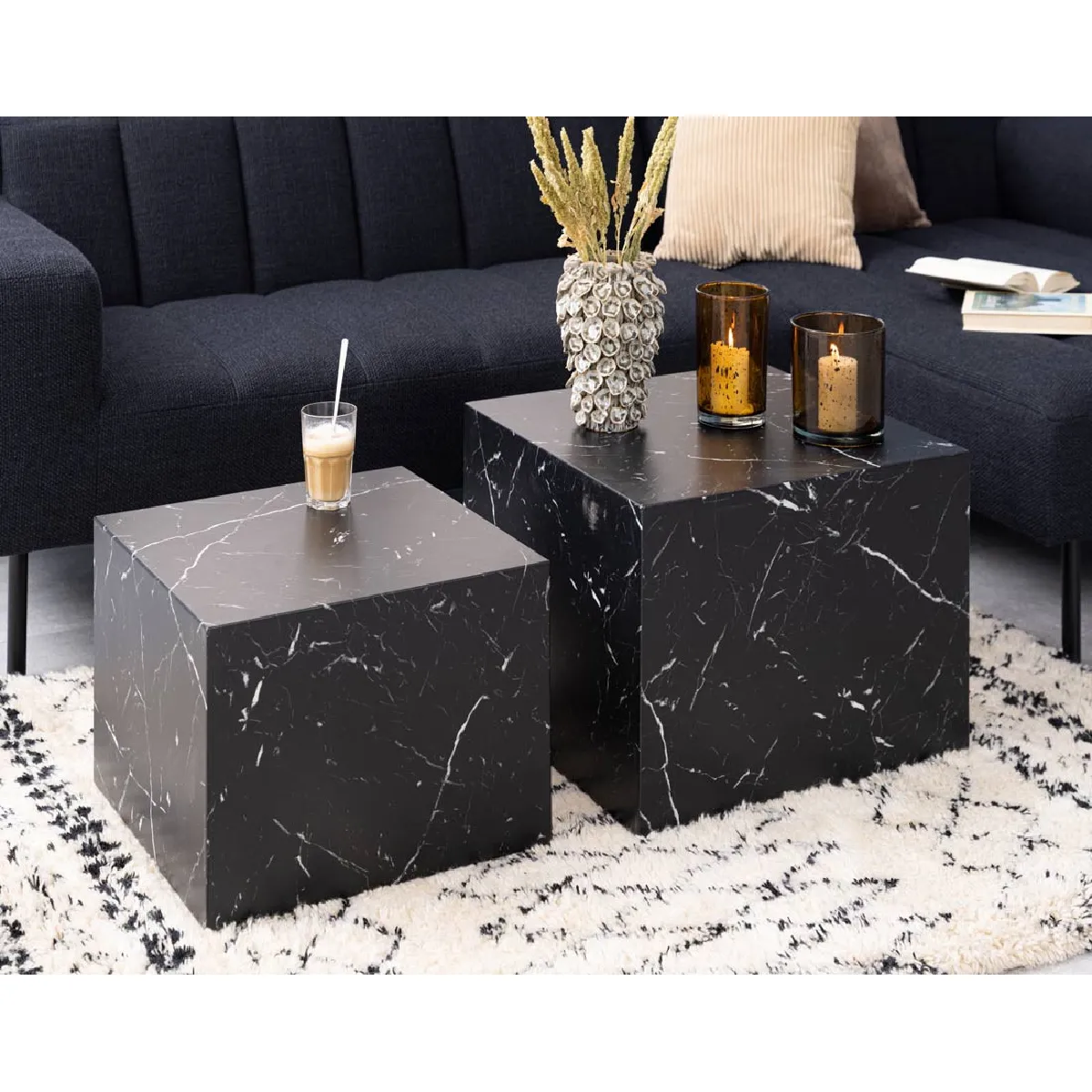 Pueblo - lot de 2 tables basses - effet marbre noir - 58 et 50 cm - Lisa Design