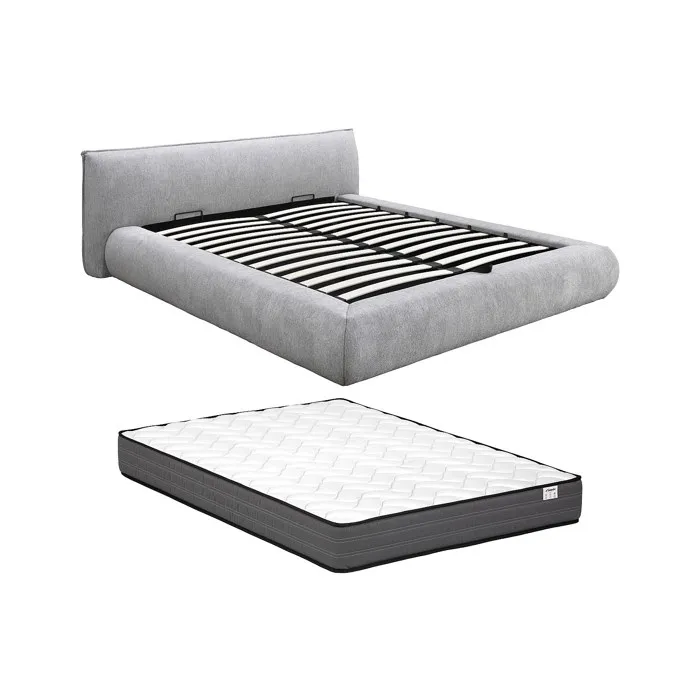 Lit coffre 180 x 200 cm - Tissu - Gris clair + Matelas - MIRSIO