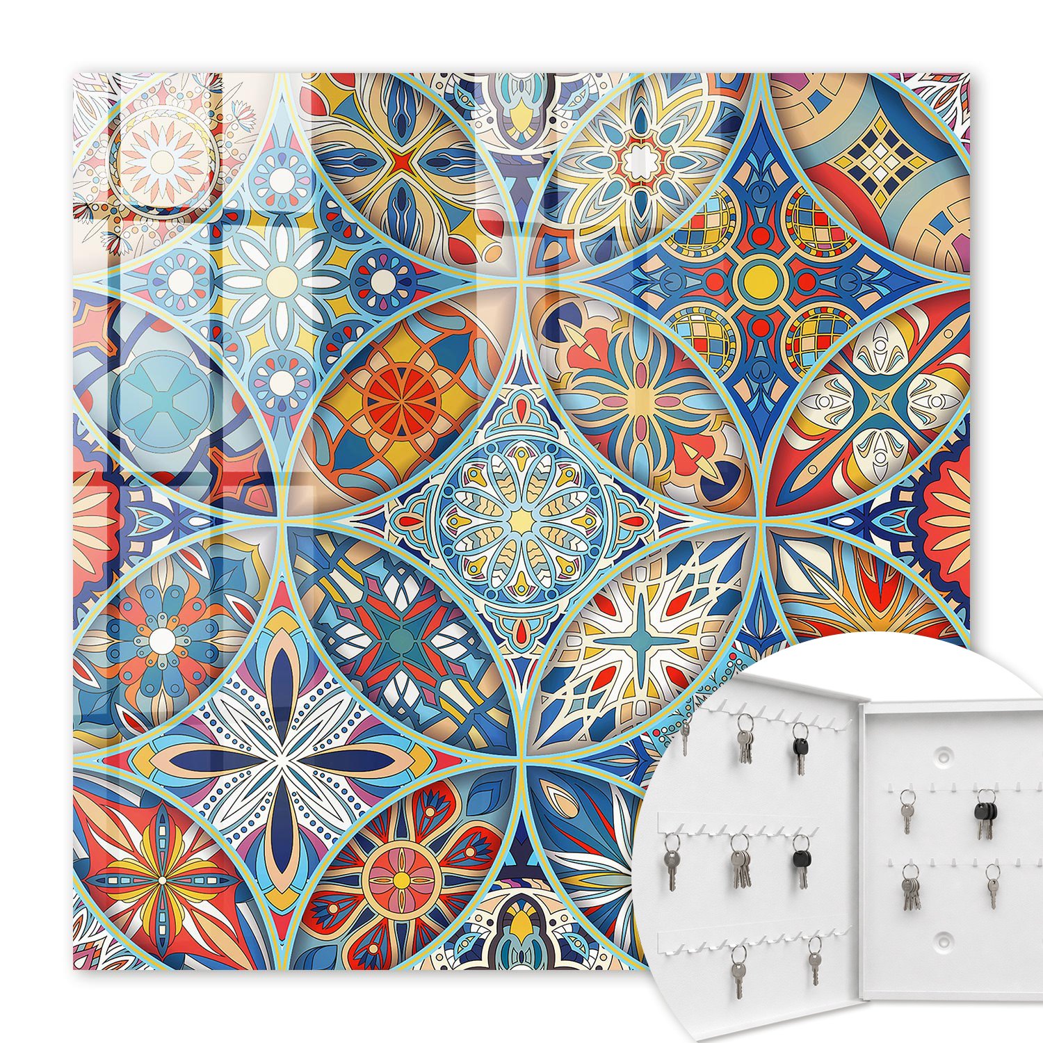 Armoire À Clés - (30 Cm X 30 Cm) - Boîte À Clés Murale - Coffret De Rangement Pour Clés - Couleur Blanche - Ouverture Vers La Gauche - Pour Maison Et Bureau - Mosaïque Colorée