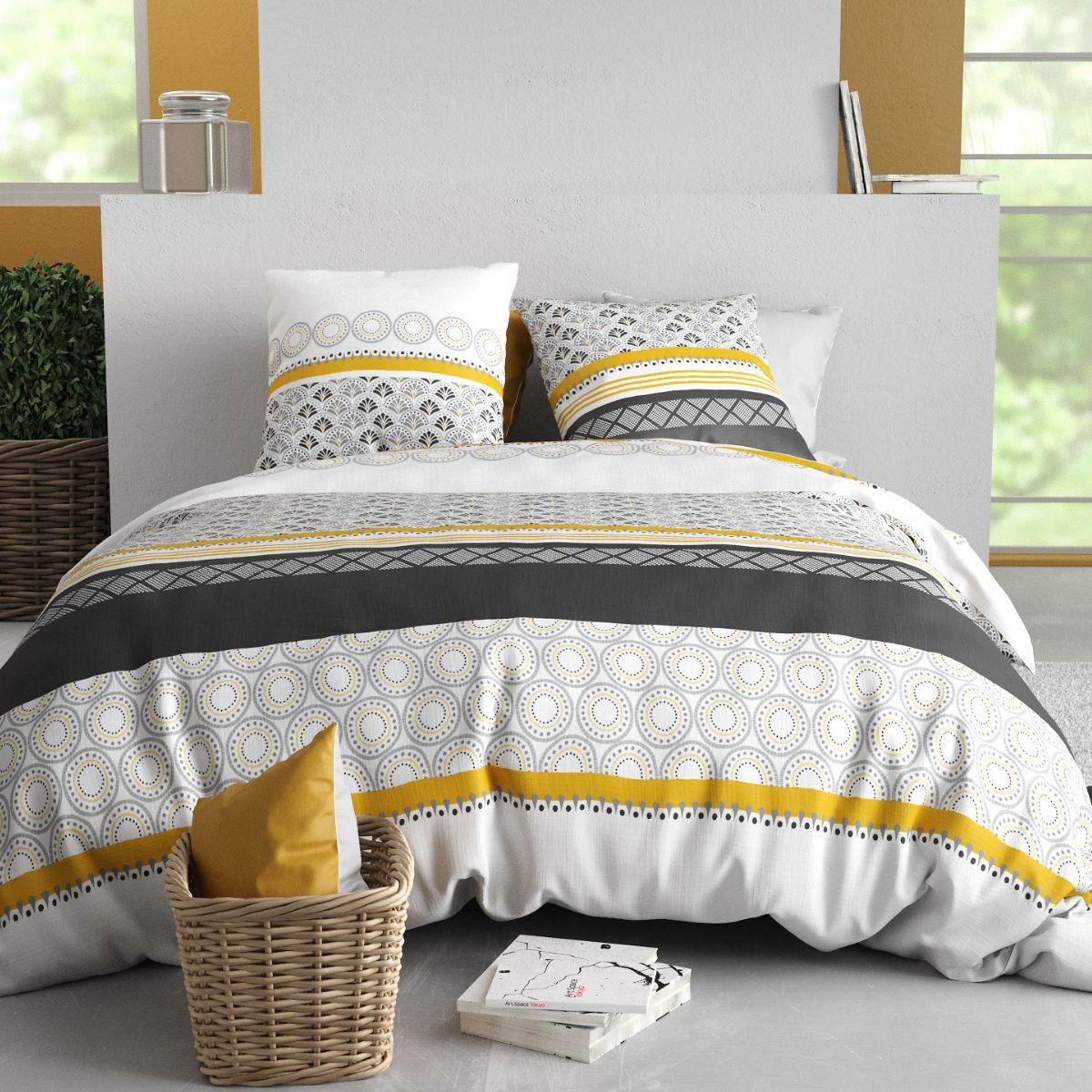 Parure Housse De Couette 260x240cm + 2 Taies Motif Blanc Gris Et Jaune 100% Coton - Ipsar