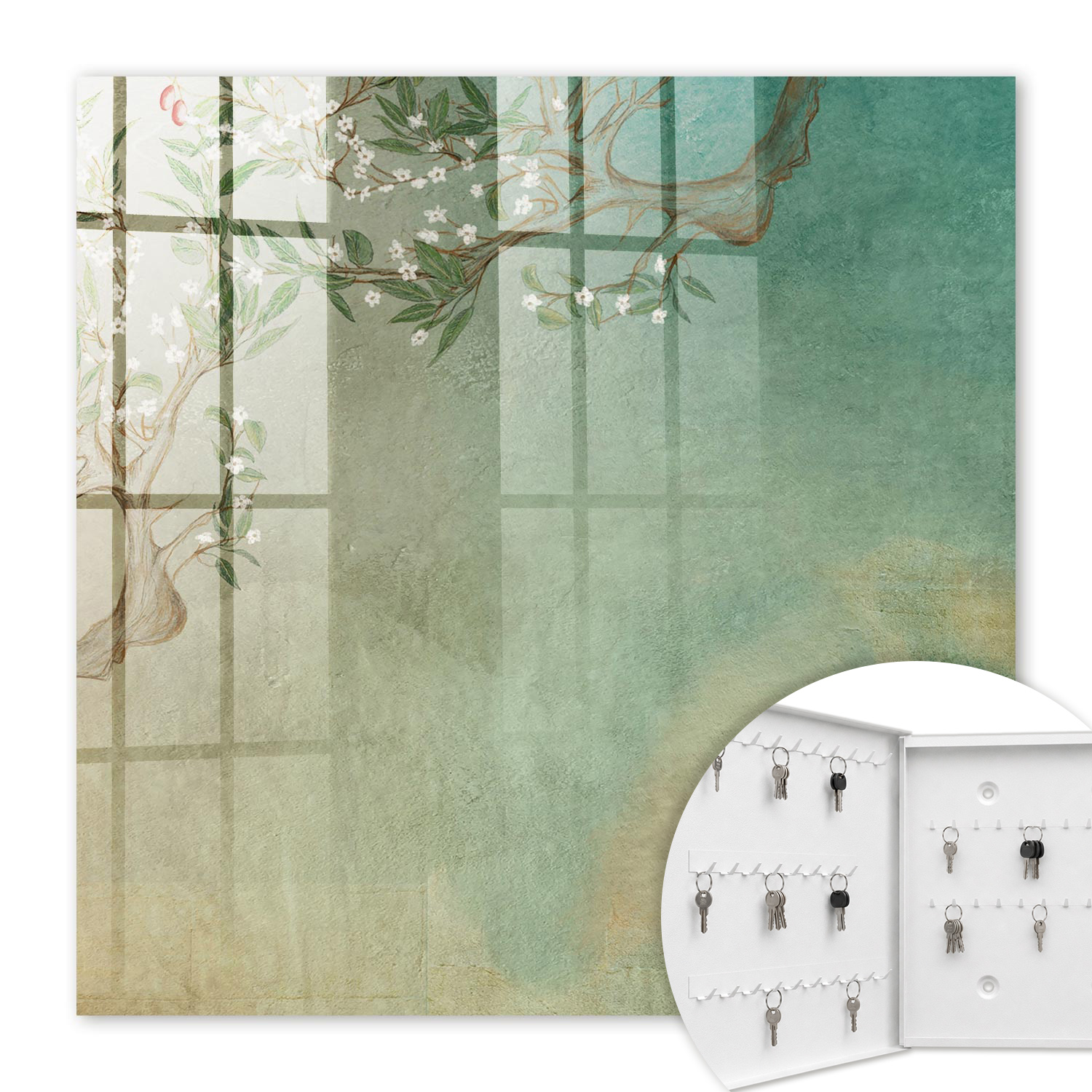 Armoire À Clés - (30 Cm X 30 Cm) - Boîte À Clés Murale - Coffret De Rangement Pour Clés - Couleur Blanche - Ouverture Vers La Gauche - Pour Maison Et Bureau - Arbre En Fleurs