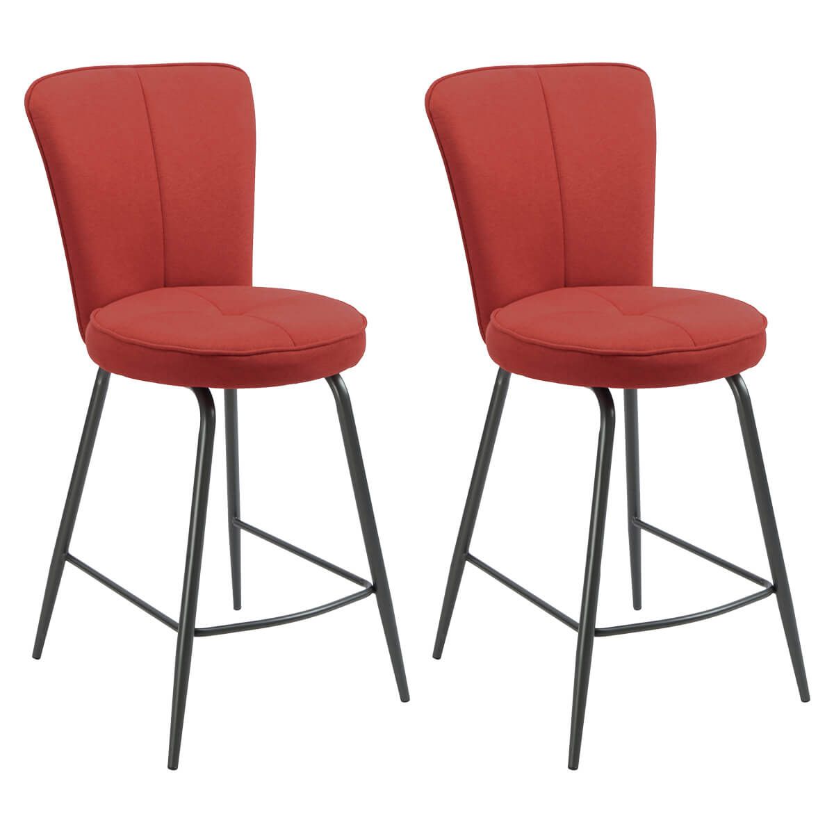 Lot De 2 Tabourets Assise De Bar Matelassée Tissu Toucher Doux Rouge Pieds Métal Laqué Anthracite - Ellipse