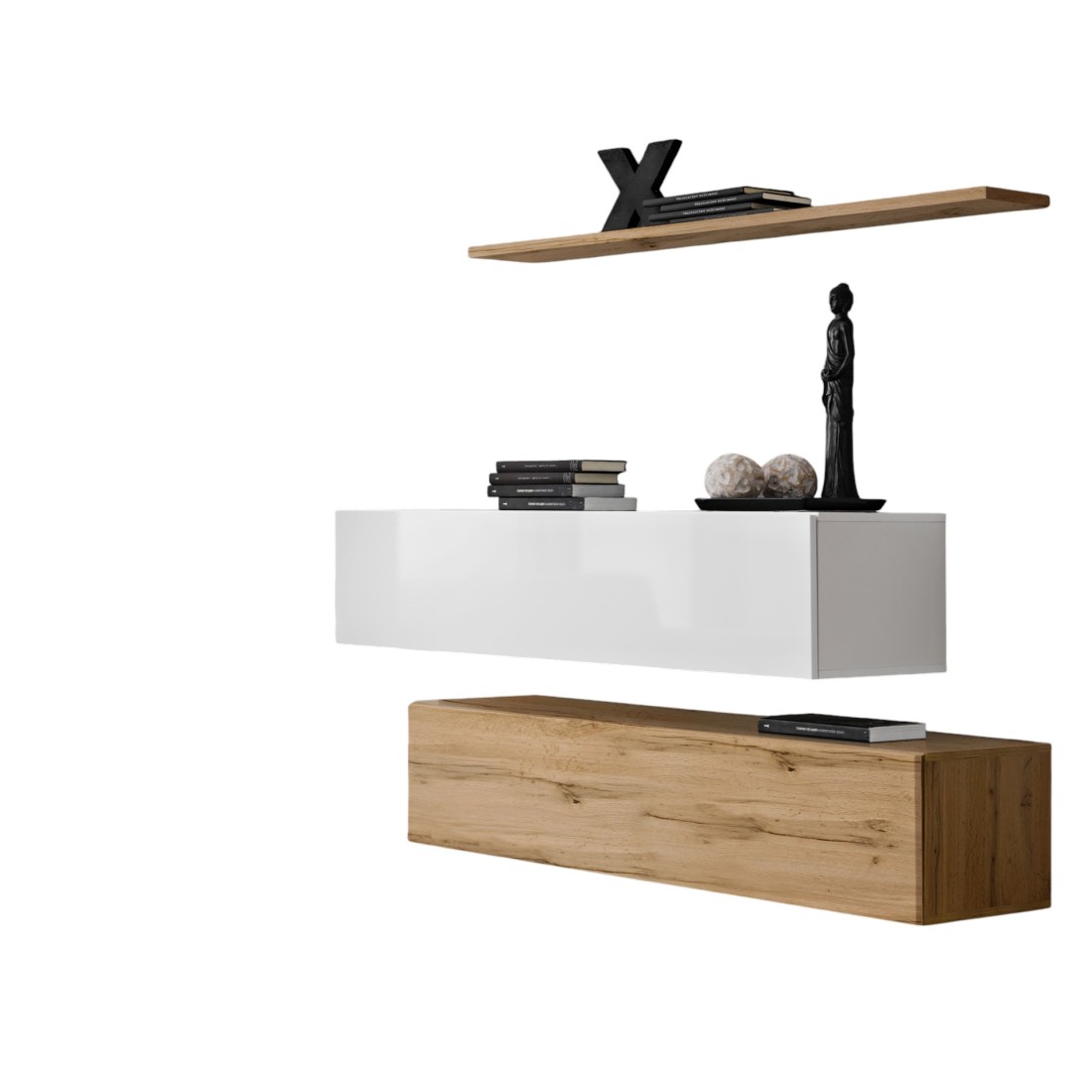 Meublorama - Ensemble Meubles De Salon Switch Sbii Design, Coloris Chêne Wotan Et Blanc Brillant.