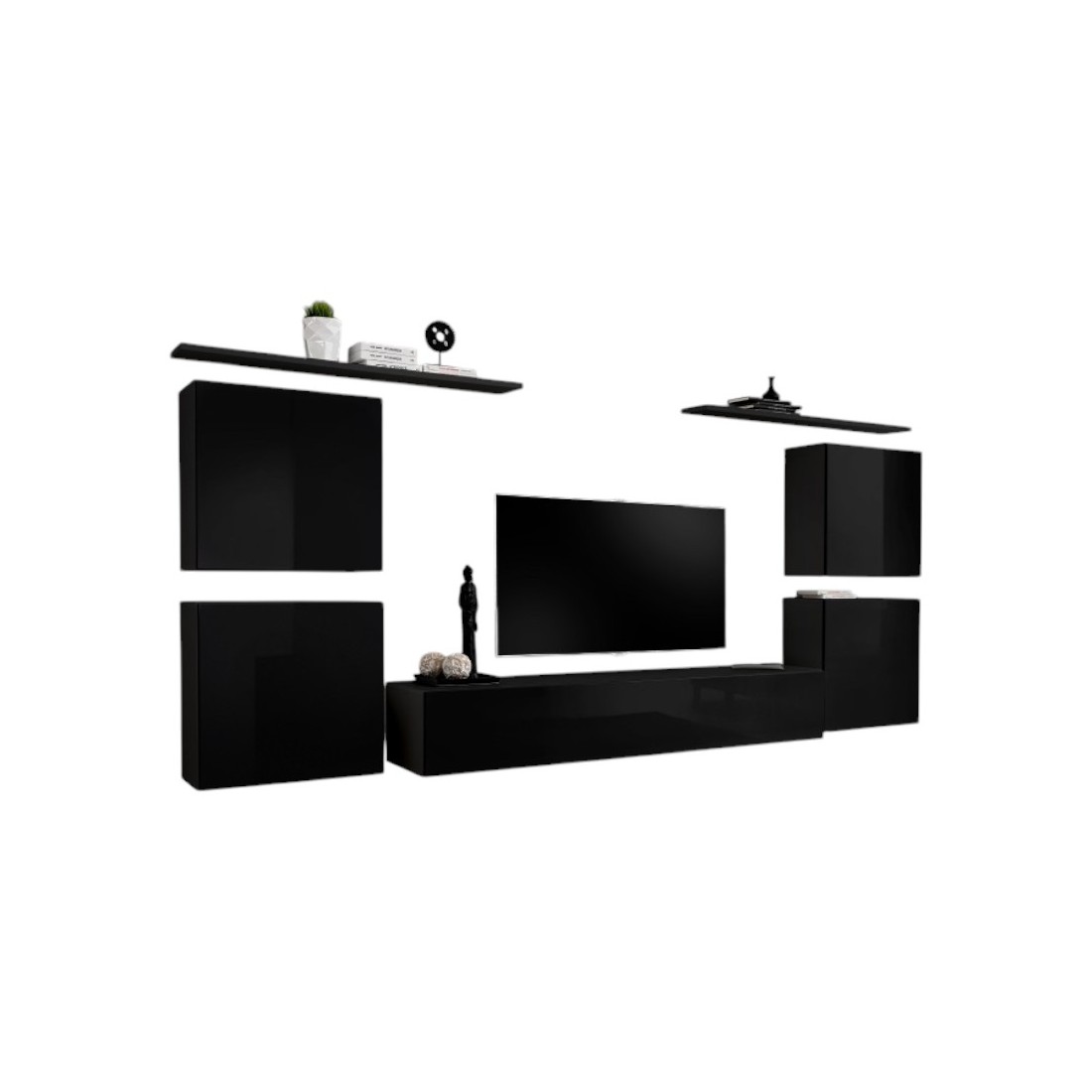 Composition Murale Switch Iv - Noir Brillant - Meuble Tv, Blocs Suspendus Et Étagères