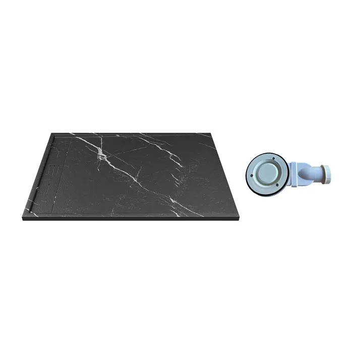 Receveur de douche extra plat à poser ou à encastrer recoupable en résine SMC avec siphon - Noir marbré - 140 x 90 cm - LYROSA