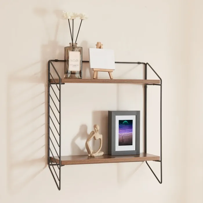 Etagère murale Boemlo avec 2 niveaux 48 x 42 x 14 cm noir effet noyer en.casa