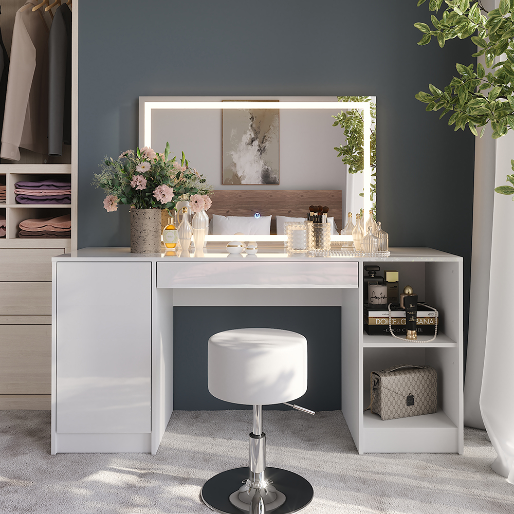 Coiffeuse Sherry, Blanc/blanc Haute Brillance, 158.2cm Avec Miroir Led Et Tabouret, Vicco