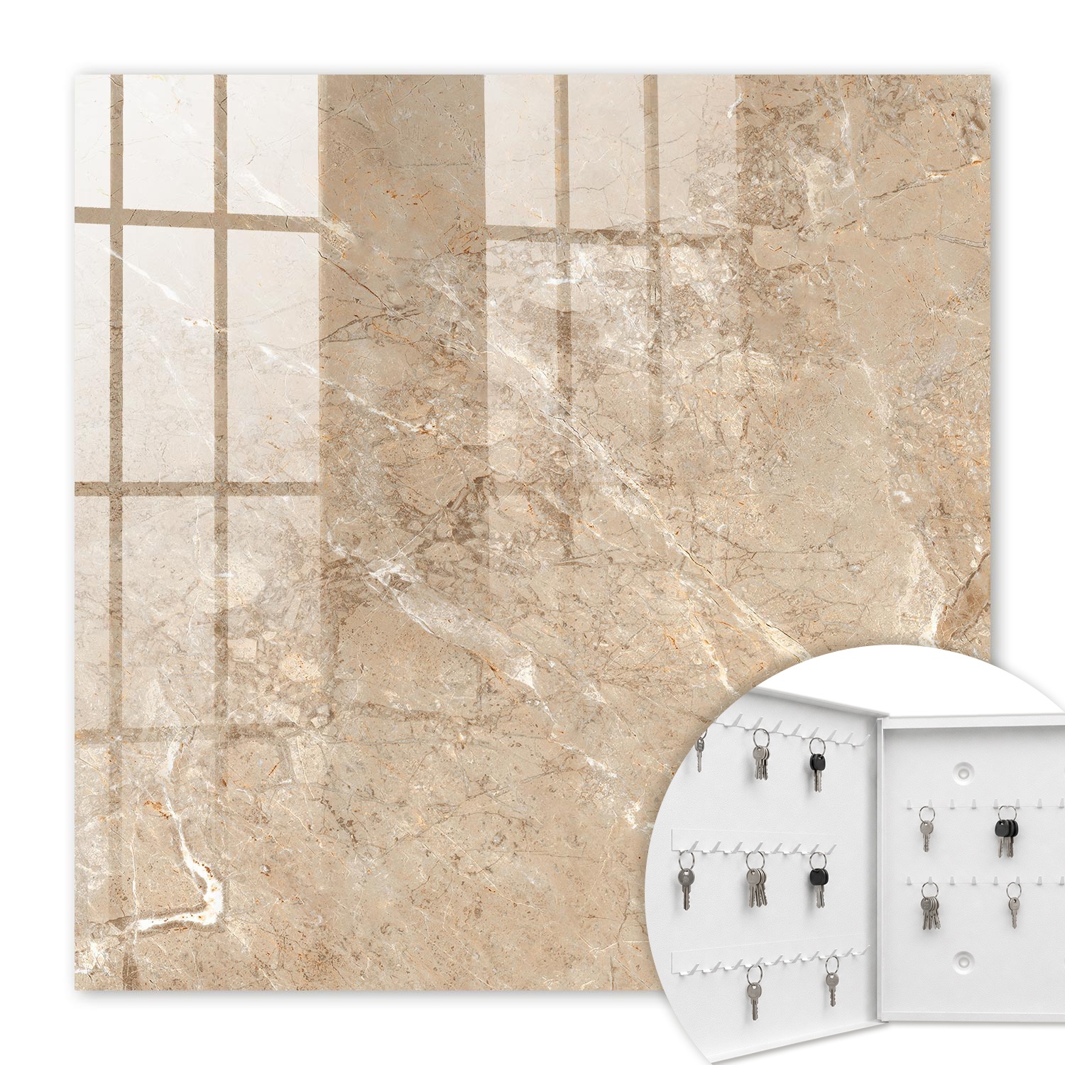 Armoire À Clés - (30 Cm X 30 Cm) - Boîte À Clés Murale - Coffret De Rangement Pour Clés - Couleur Blanche - Ouverture Vers La Gauche - Pour Maison Et Bureau - Motif Marbre