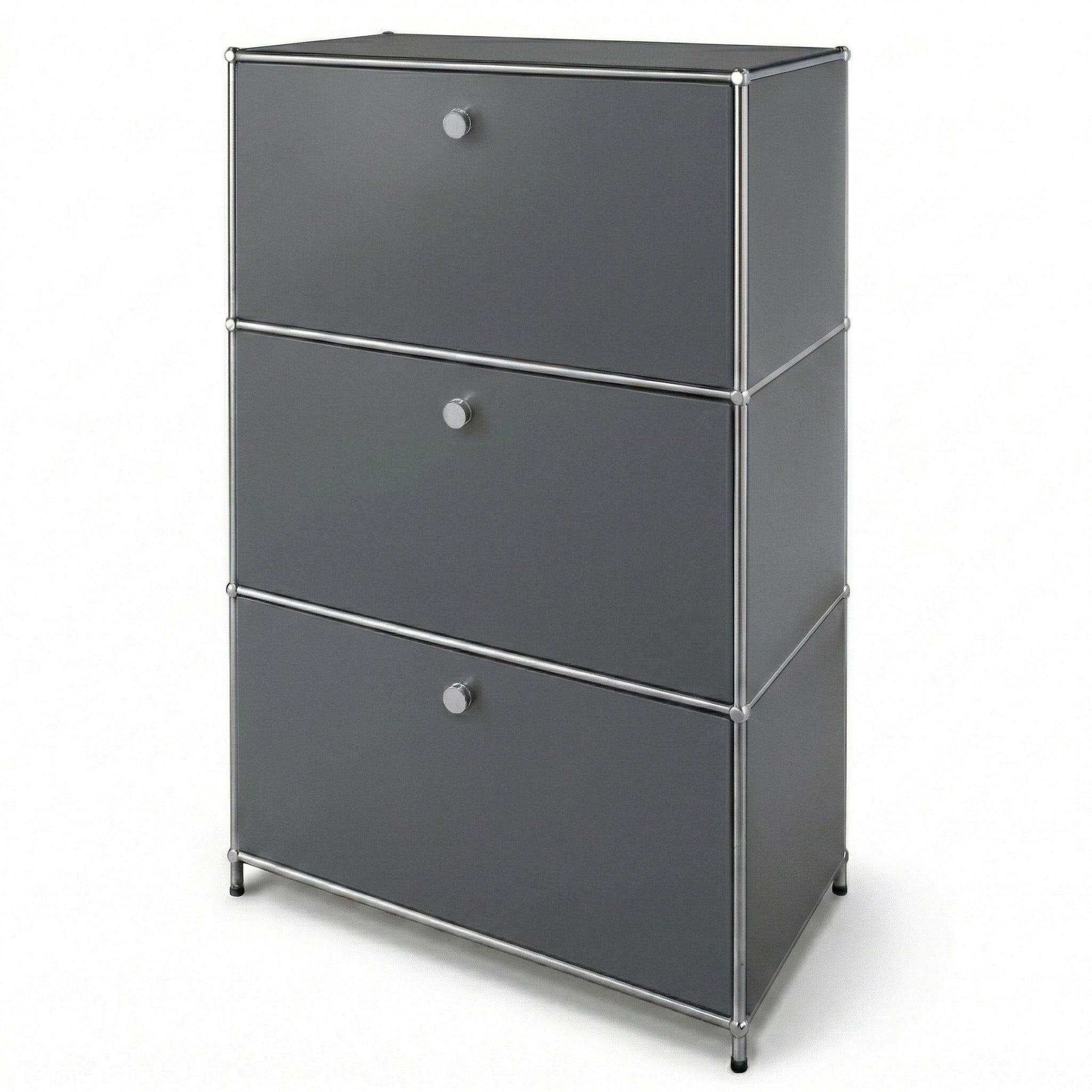 Étagère Métal Chromé Design Épuré, Concept Epuré Mk-129, Buffet 3 Compartiments Verrouillables, Gris