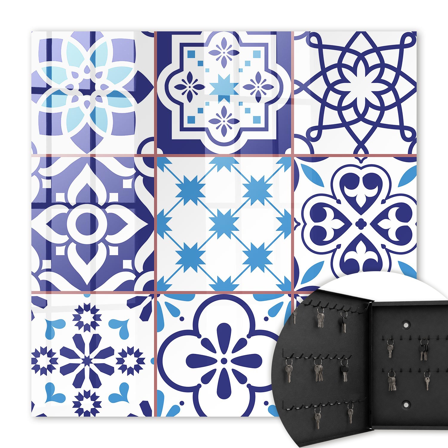 Armoire À Clés - (30 Cm X 30 Cm) - Boîte À Clés Murale - Coffret De Rangement Pour Clés - Couleur Noire - Ouverture Vers La Gauche - Pour Maison Et Bureau - Motifs Géométriques