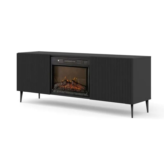 Meuble Tv À 2 Portes Avec Cheminée "ravenna" - Noir - L 177 Cm
