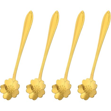 4pcs Inox Acier Fleur Cuillères 5 Pouce Cerise Fleur Forme Café Cuillère Petit Cuillère Café Dessert Cuillère Pour Expresso Sucre Gâteau, Or