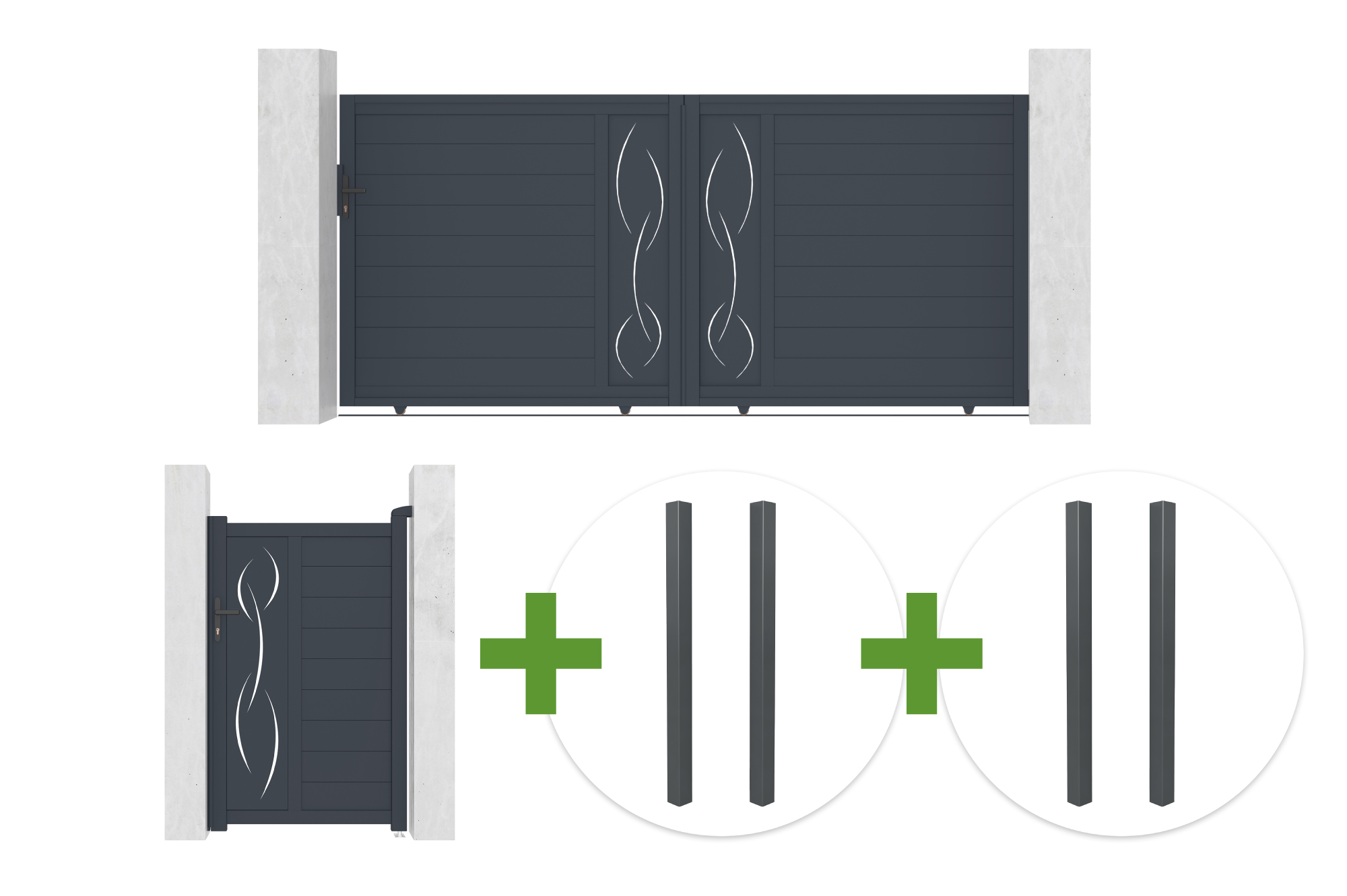 Portail Coulissant 3,5m Life H.160cmaluminium Gris + Portillon 1m Life H.160cm Aluminium Gris + 4 Poteaux Elda