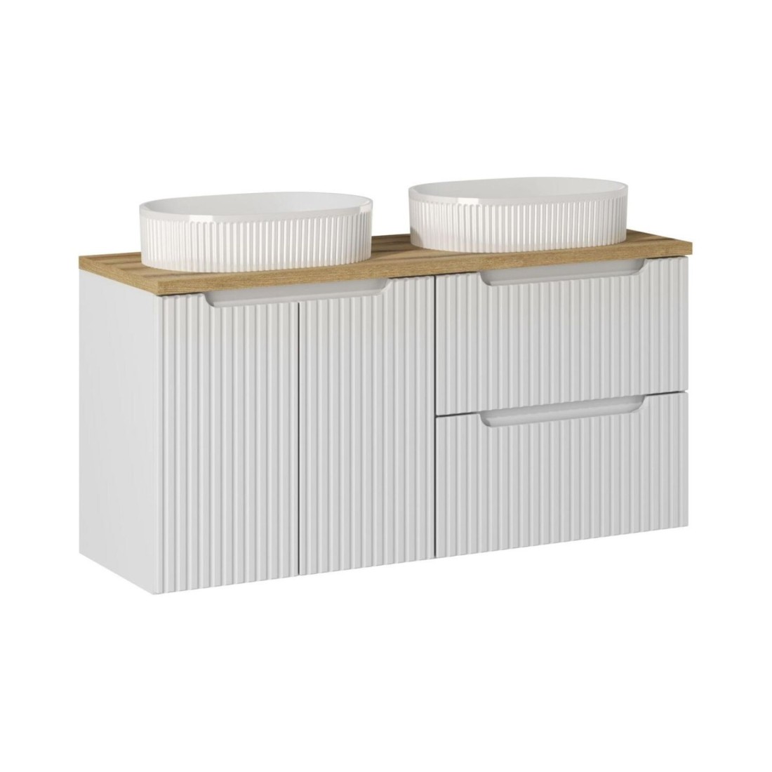Ensemble Vano Blanc 120cm: Meubles Sous Vasque À Tiroirs Et Placards + Plan Pour Vasque + Deux Vasques À Poser Rainurées