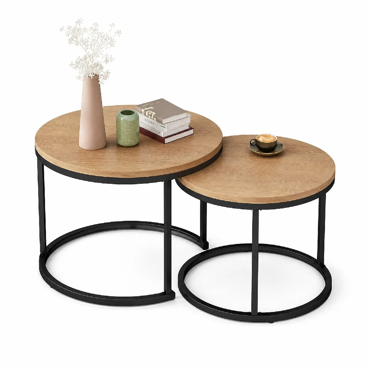 Tables Basses - Lot de 2 Tables Gigognes Rondes, design Moderne pour Salon, Plateau MDF Résistant et Pieds Métal - Naturel