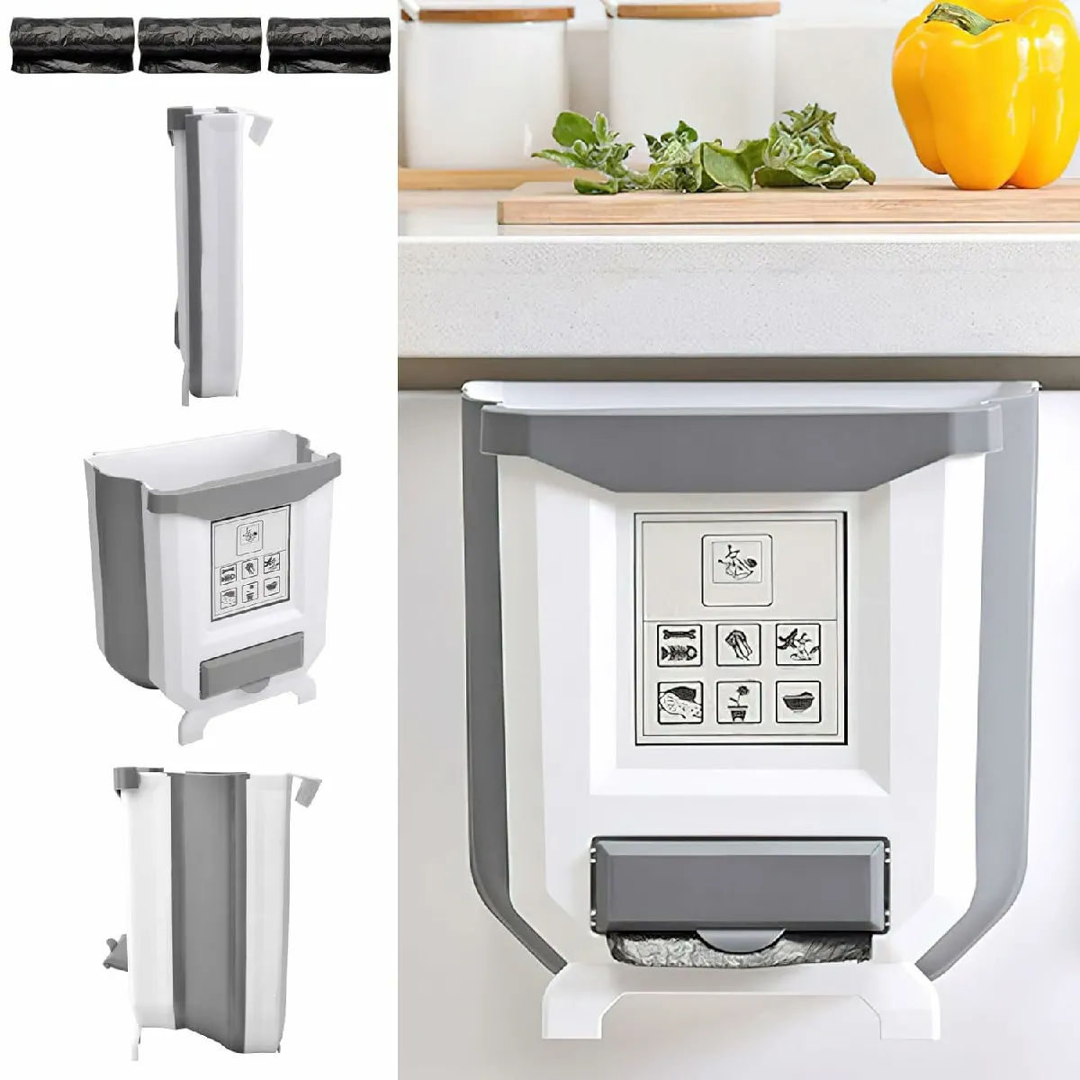 Poubelle Suspendue Pliable De 10l Blanc Gris