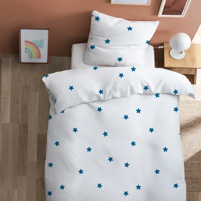 Parure de lit imprimée en coton blanc, bleu 140x200+65x65cm