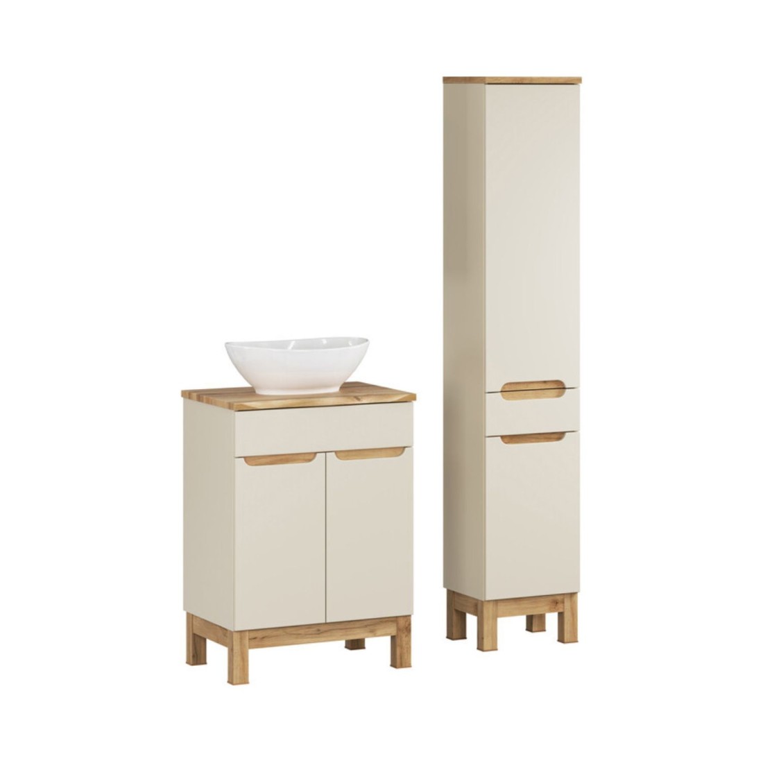 Ensemble Ermano Cachemire 95cm: Meuble Sous Vasque + Plan Pour Vasque Biseauté + Vasque À Poser Blanche + Colonne