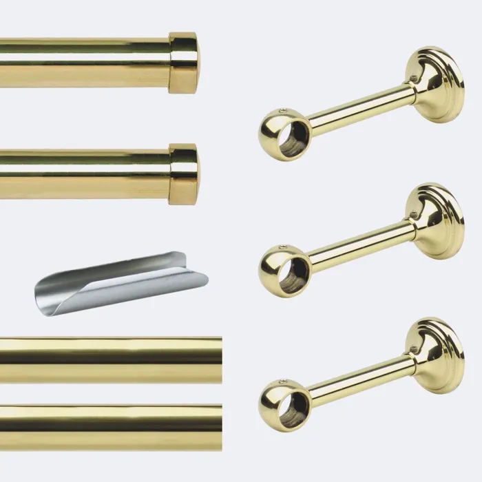 Kit de tringle à rideaux Laiton Poli Verni 300cm Diam.20mm Embout Capuchon - Fixation Mur - Boulet