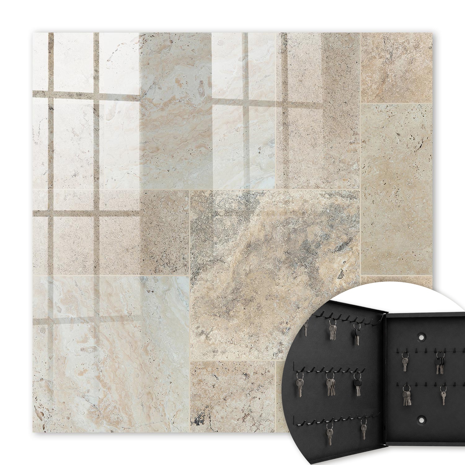 Armoire À Clés - (30 Cm X 30 Cm) - Boîte À Clés Murale - Coffret De Rangement Pour Clés - Couleur Noire - Ouverture Vers La Gauche - Pour Maison Et Bureau - Carreaux De Marbre