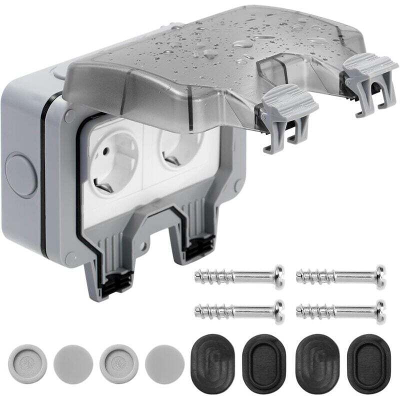 Prise Extérieure Double Étanche Ip66, Avec Interrupteur Et Couvercle De Protection. Sécurisée Pour Usage En Extérieur, Résiste Aux Intempéries.