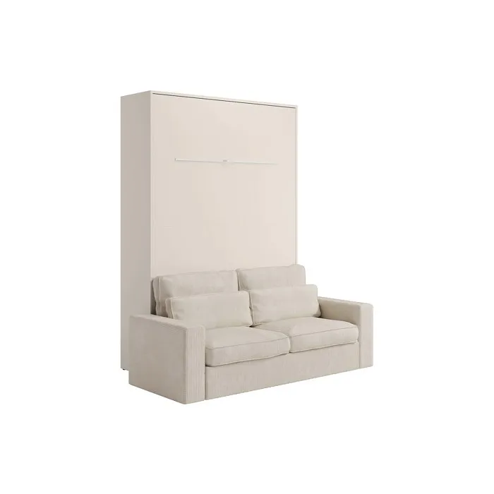 Lit escamotable 140 x 200 cm - Ouverture verticale manuelle - Avec LEDs - Beige + Canapé en velours côtelé beige - RAPILI