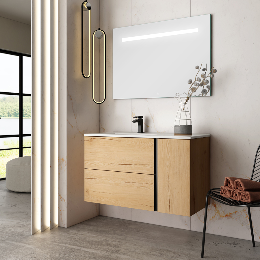 Meuble de salle de bain vasque déportée 2 tiroirs PRADO et miroir Led STAM roble (chêne clair) 100 cm COSYNEO NOXPRADO100STAMROB