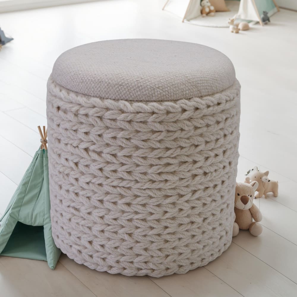 Tabouret Finebuy Tabouret Avec Espace De Rangement Laine Rond 40x40x45 Cm Crème Blanc Boho