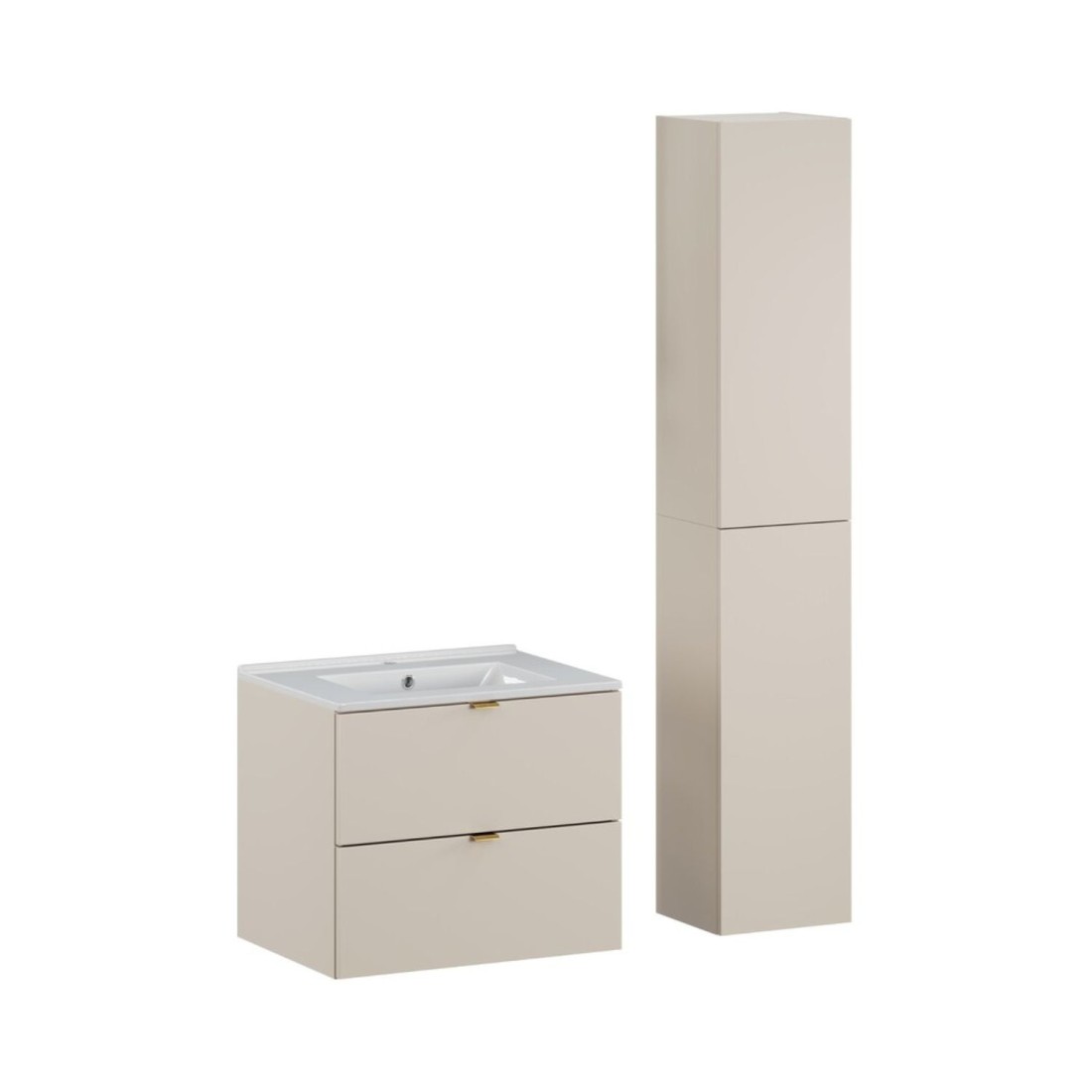 Ensemble De Salle De Bain Bella: Meuble Sous Vasque 60cm + Vasque Encastrée Blanche + Colonne De Rangement