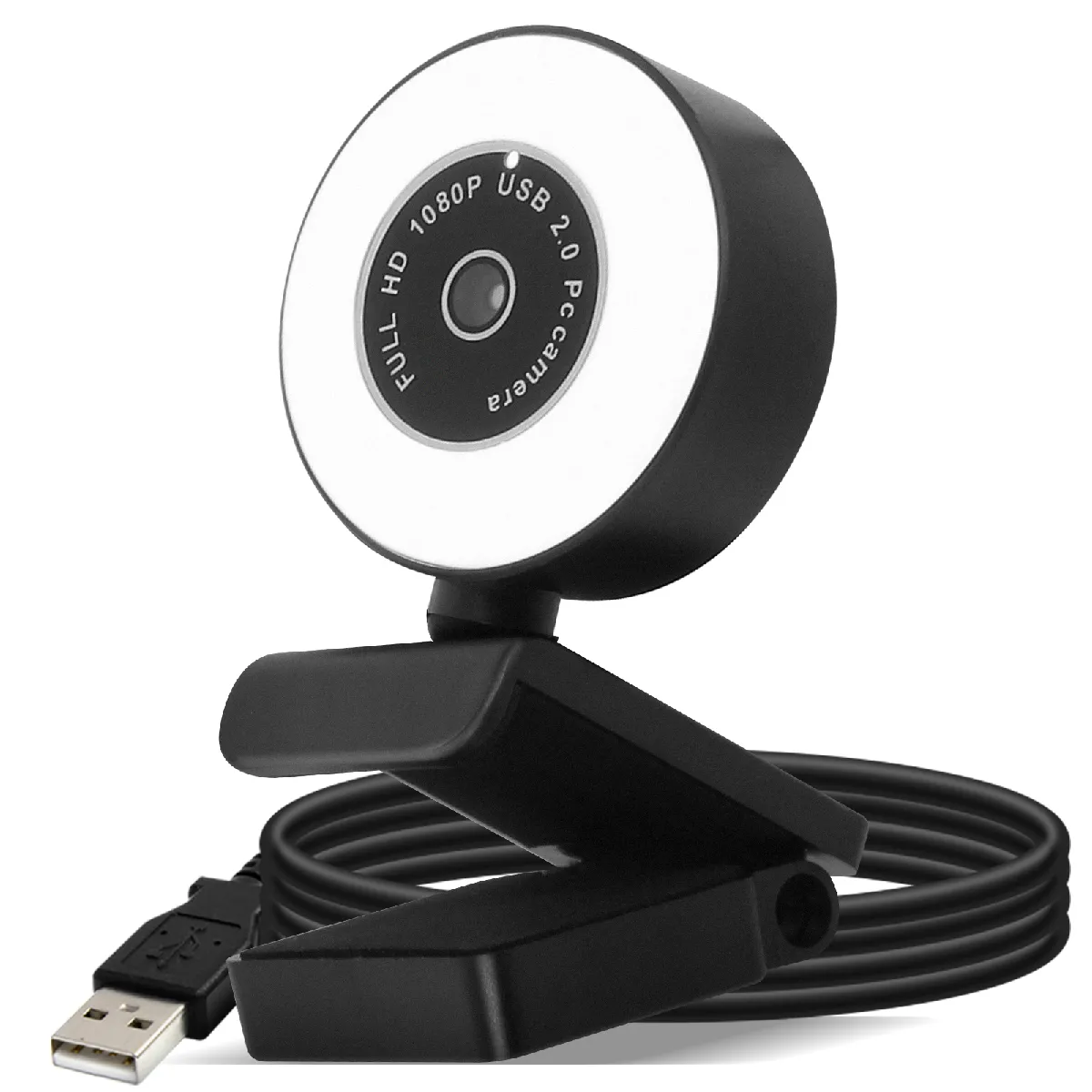 Webcam Ring Light Usb 1080p Full Hd Anneau Lumineux Microphone Antibruit Noir