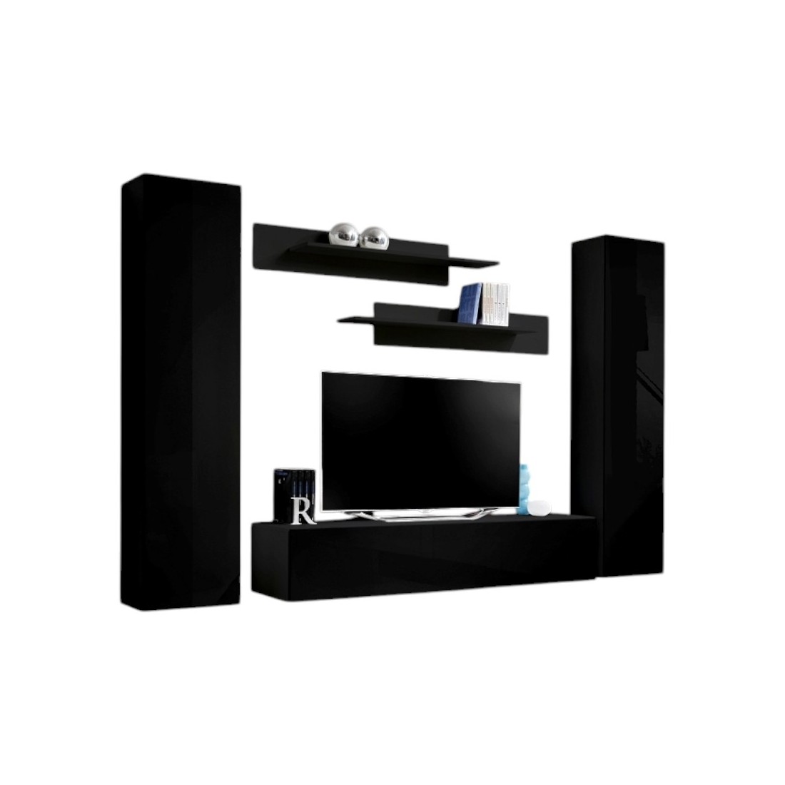 Meublorama - Meuble Tv Fly A1 Design, Coloris Noir Brillant. Meuble Suspendu Moderne Et Tendance Pour Votre Salon.