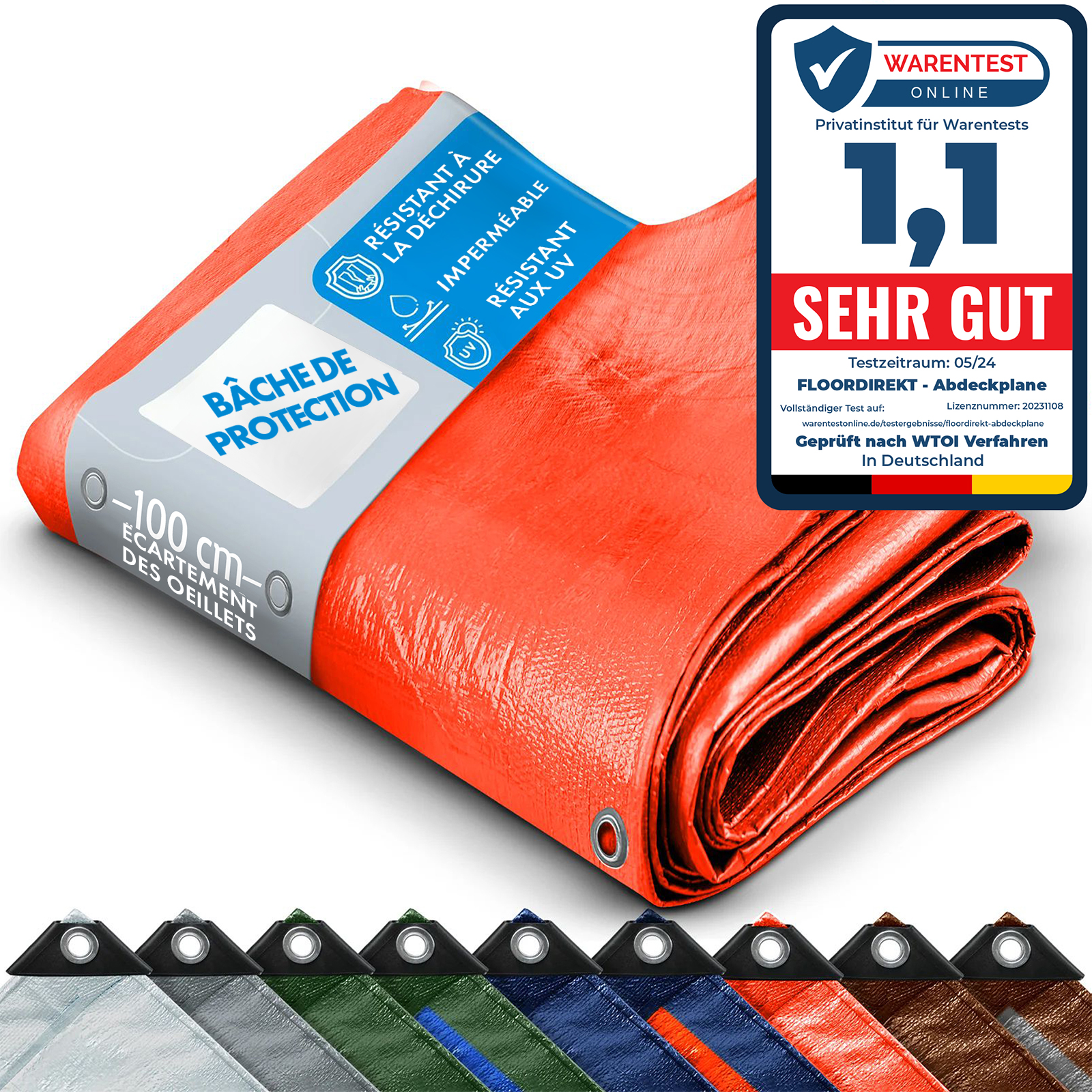 Floordirekt - Bâche De Protection Imperméable Multifonctionnelle 140 G/m² Orange 6 X 10 M