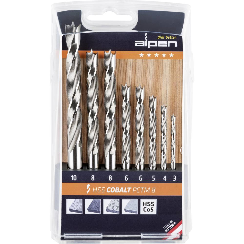 Nom Jeu De Forets Hélicoïdaux À Bois Pctm 8 Pièces Diamètre 3,4,5,2x6,2x 8,10mm Hss-co5 Alpen