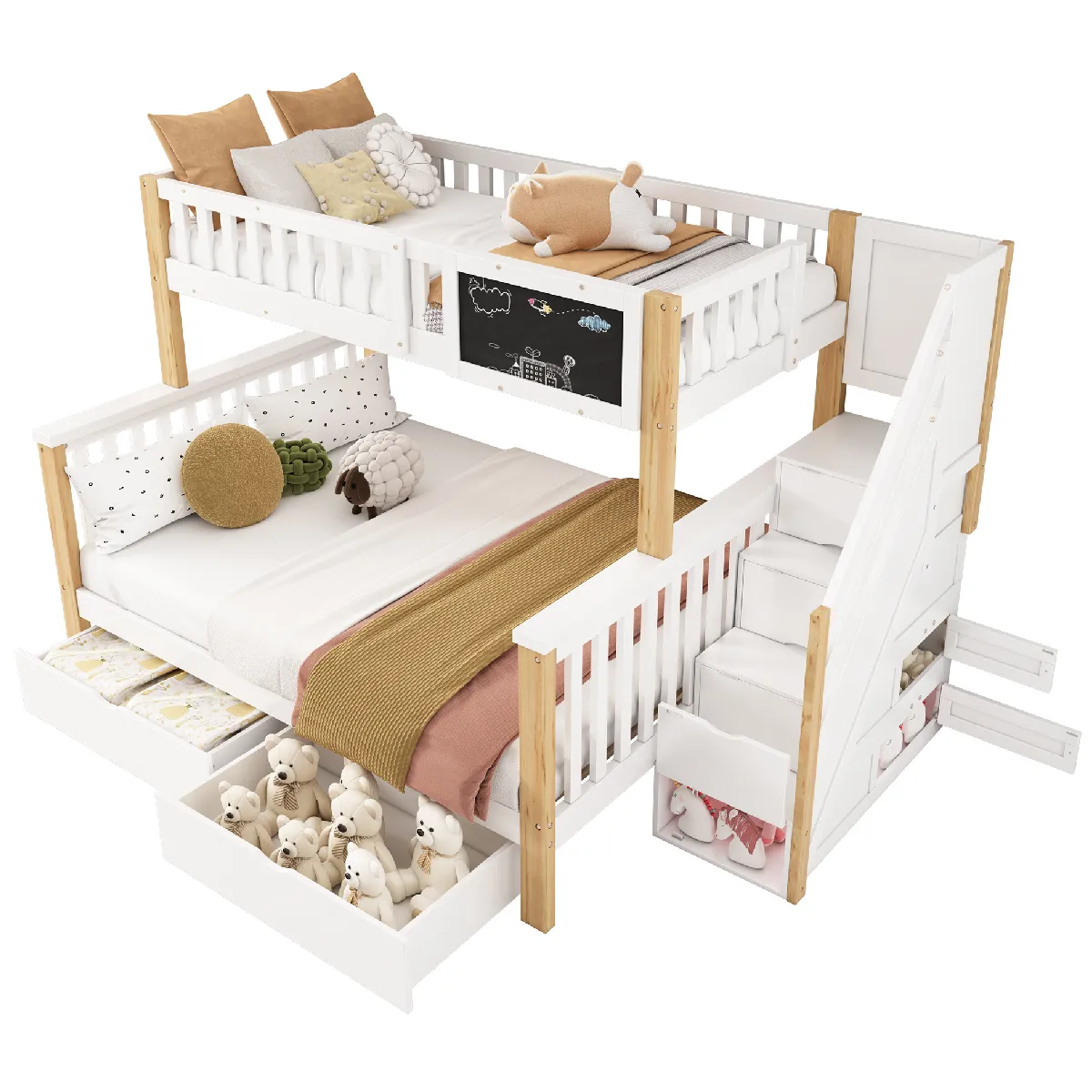 Lit Superposé 90/140x200 Cm Avec Ardoise Et Tiroirs, En Bois, Blanc Et Chêne Clair, Sans Matelas