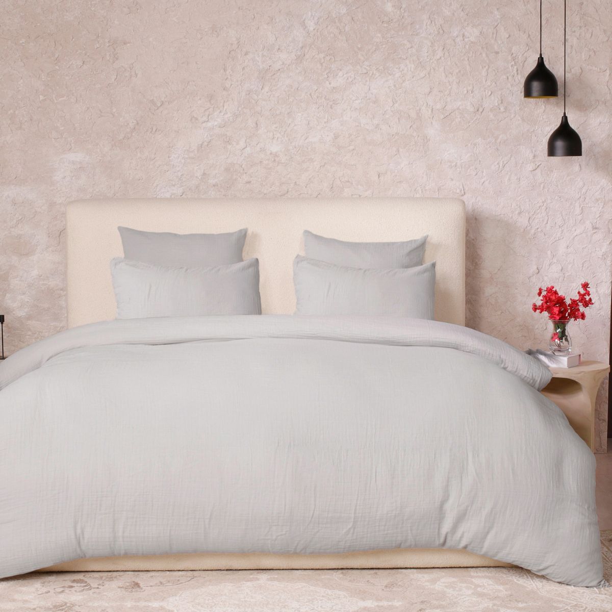 Parure Housse De Couette 260x240cm + 2 Taies 100% Gaze De Coton Lavée Gris Glacier - Valma