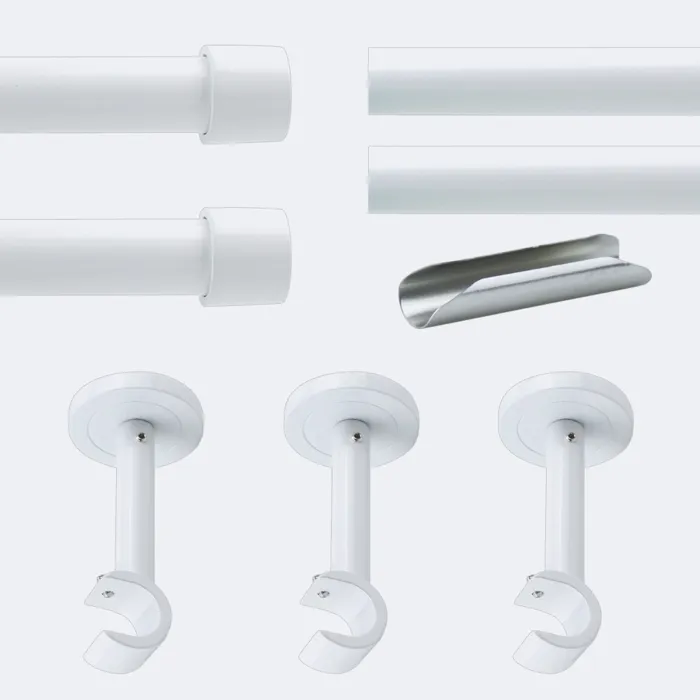 Kit de tringle à rideaux Blanc 300cm Diam.20mm Embout Capuchon - Fixation Mur - Boulet