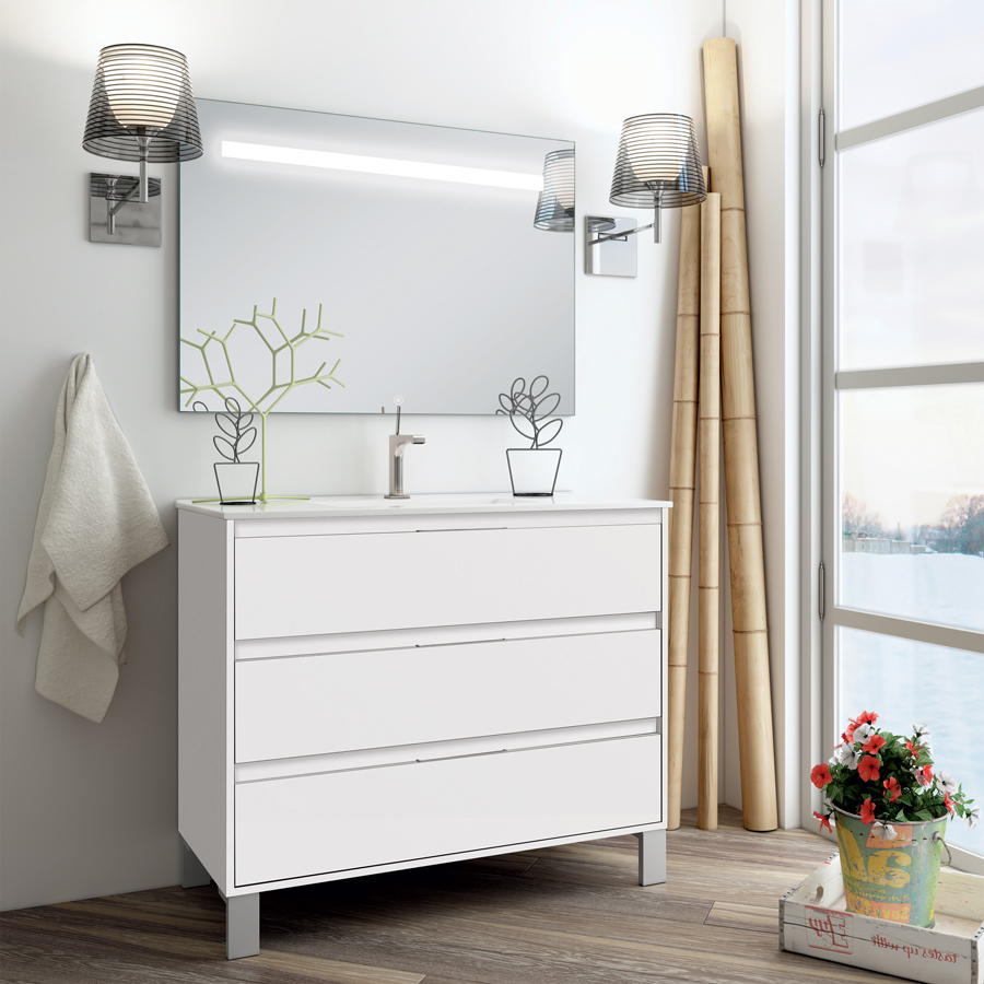 Meuble de salle de bain simple vasque 3 tiroirs TIRIS 3C et miroir Led STAM blanc 100 cm COSYNEO SIRTIRIS100STAMBLA