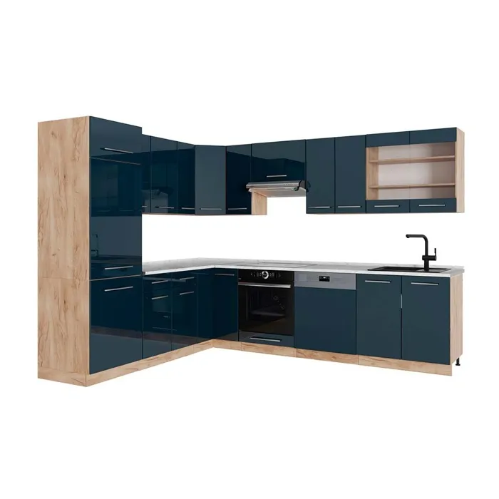 Vicco Cuisine en angle Bleu foncé brillant/Chêne de force doré 287 x 227 cm, PT Marbre