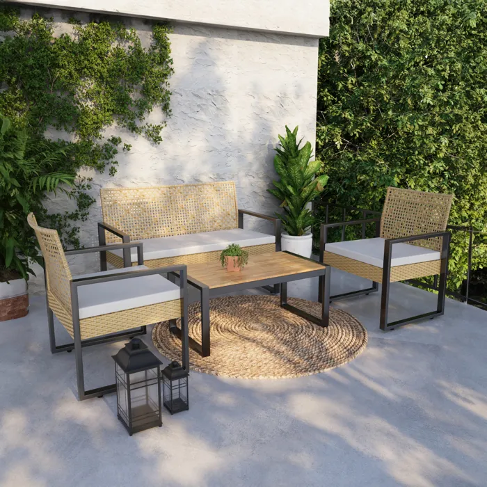 Salon de jardin 4 pièces Calciano aspect rotin beige noir casa.pro