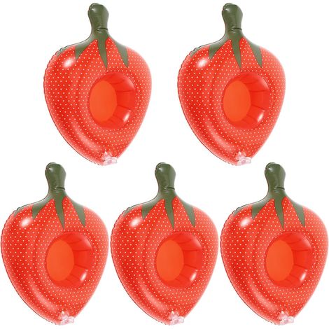 5 Pièces Porte-gobelet Gonflable Forme Fraise En Pvc Rouge, Tapis Flottant Résistant Pour Piscine Et Fête Aquatique Accessoire Pratique Et Solide Pour