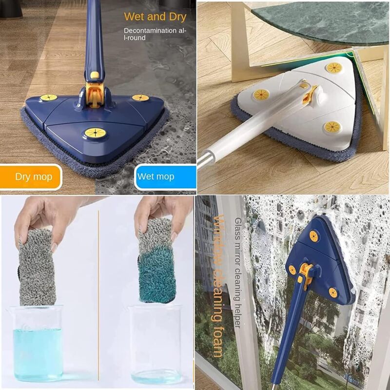 Balai Rotatif Réglable 360° - Chiffons En Microfibre - Fonction Compression Automatique - Pour Sols Et Plafonds - Design Triangulaire