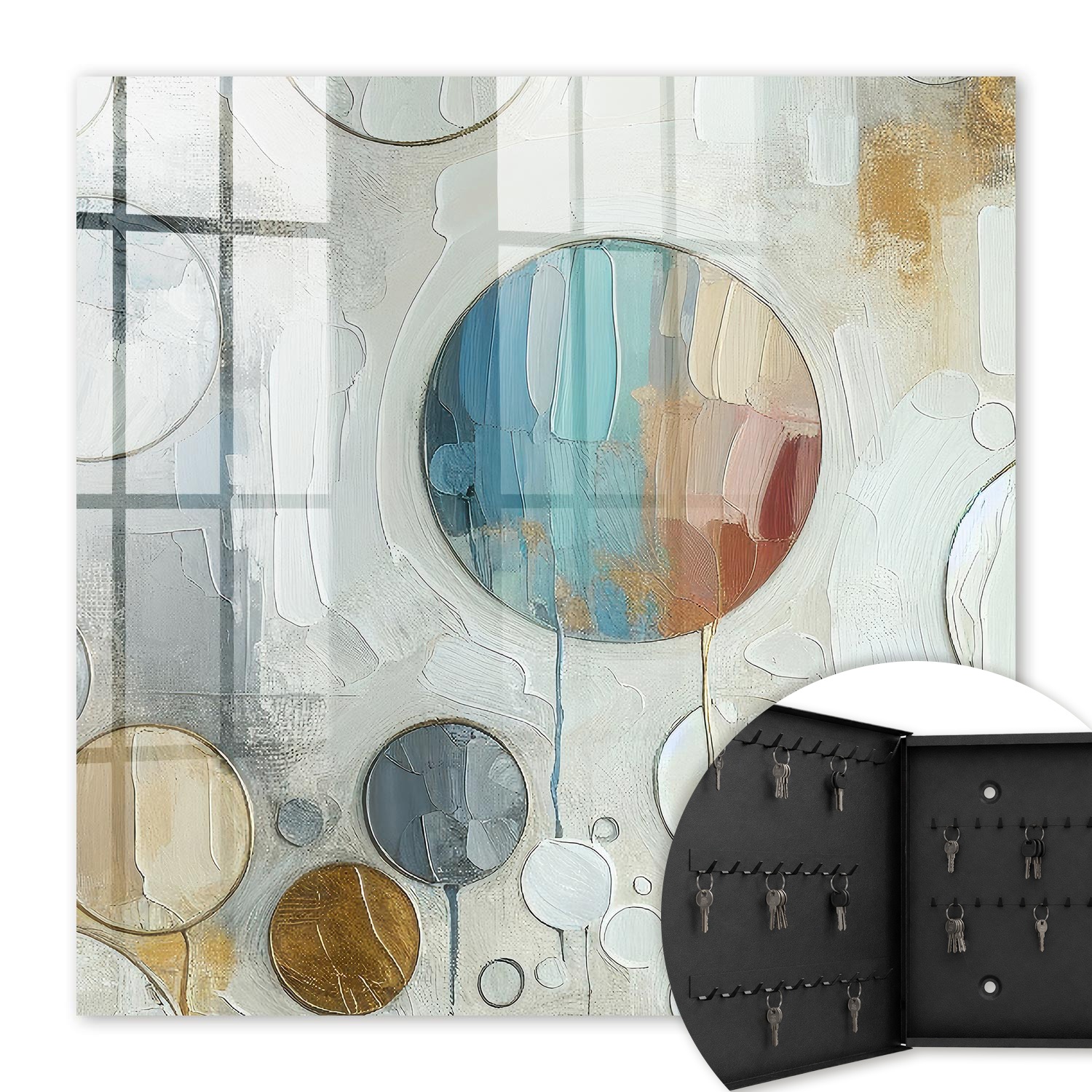 Armoire À Clés - (30 Cm X 30 Cm) - Boîte À Clés Murale - Coffret De Rangement Pour Clés - Couleur Noire - Ouverture Vers La Gauche - Pour Maison Et Bureau - Composition Circulaire