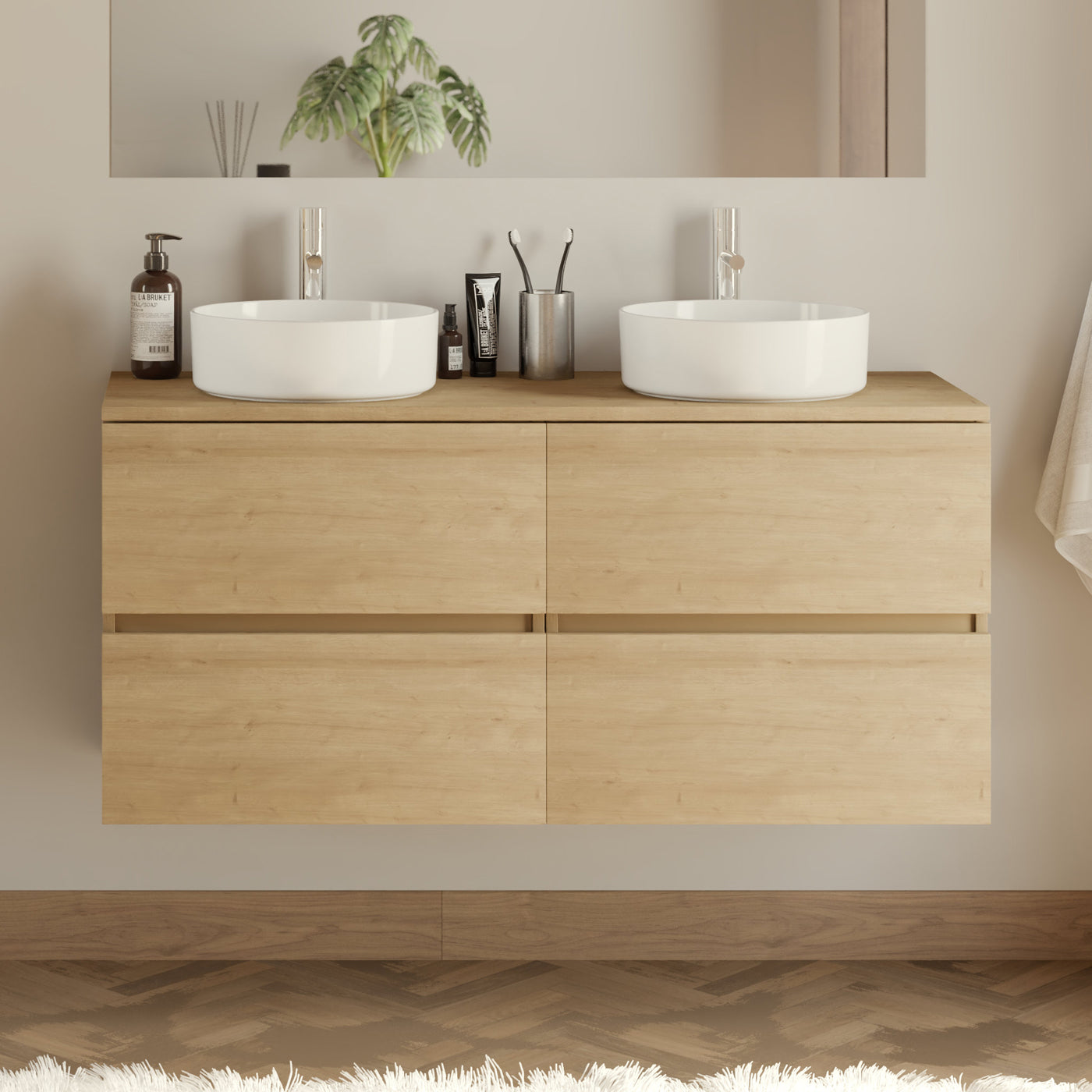 Meuble De Salle De Bain 140cm Avec Plateau Et 2 Vasques À Poser Rondes - 4 Tiroirs - Sans Miroir - Nebraska (chêne Clair) - Ida