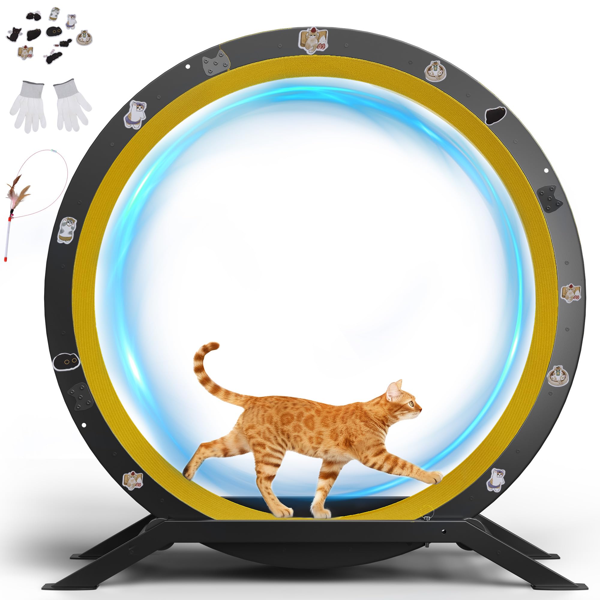 Roue Pour Chat, Roue D'Exercice Pour Chat, Xl- 100 Cm, Ultra-silencieuse Avec Tapis Amovible, Autocollants, Système De Verrouillage, Métal, Jaune, Cadeaux Pour Votre Chats