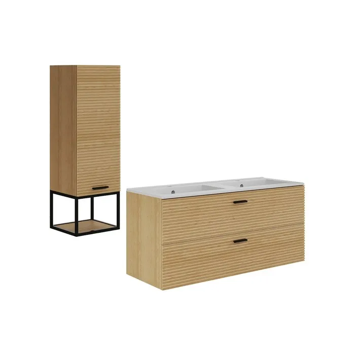 Meuble de salle de bain suspendu strié avec vasque à encastrer et colonne avec niche - 2 tiroirs - Naturel clair - 120 cm - SARONE